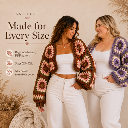 Chunky Granny Square Bolero Crochet Pattern PDF – Fall Shrug, Beginner Cardigan, XS–5XL