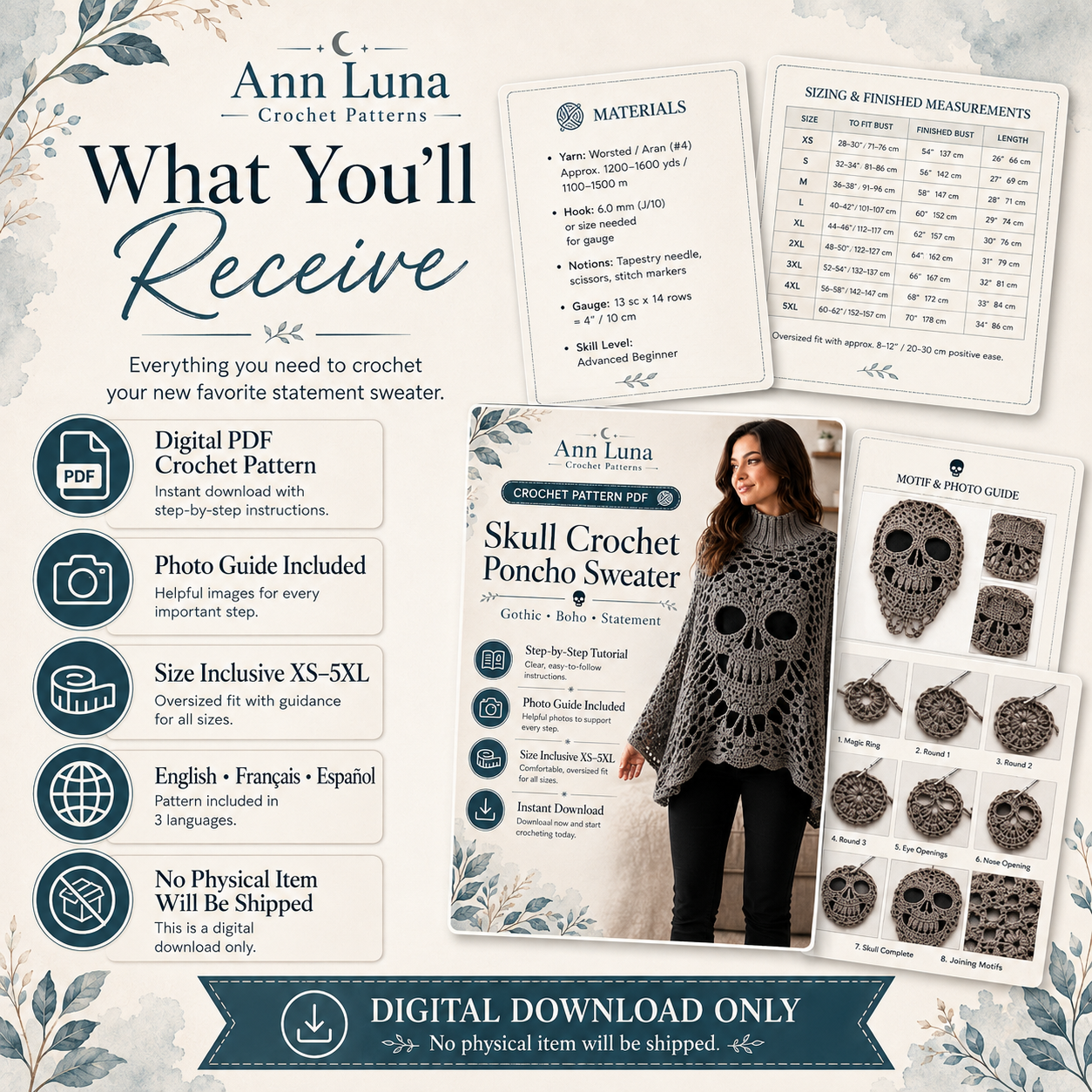 Skull Lace Poncho Crochet Pattern PDF | Step-by-Step Gothic Sweater Tutorial | Halloween Skull Top