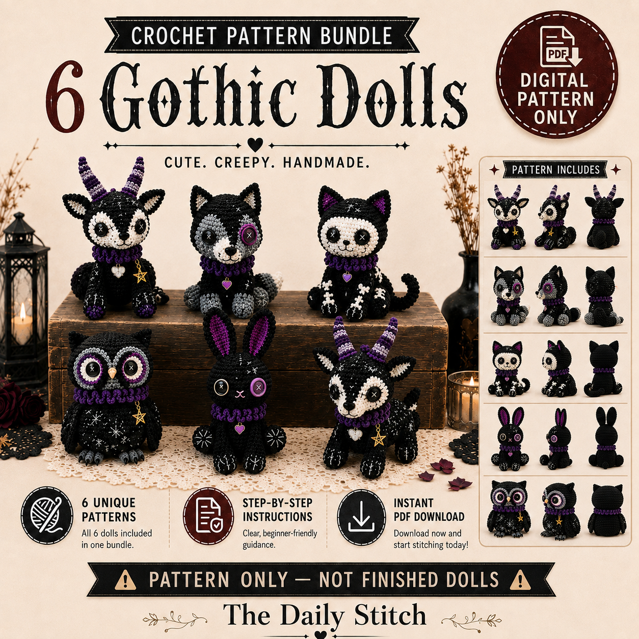 Gothic Crochet Amigurumi Pattern Set | Halloween Crochet Plushies Pattern | Amigurumi Dolls Pattern (PDF Download)