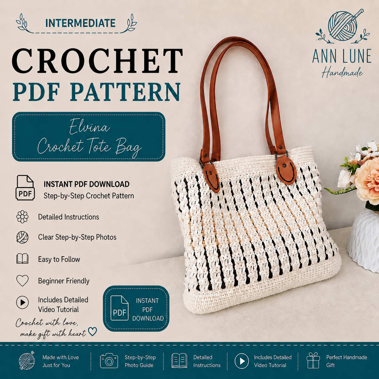 Elvina Crochet Tote Bag Pattern PDF | Beginner-Friendly Shoulder Tote | Elegant Market Bag | Modern Crochet Purse Tutorial | Instant Digital Download