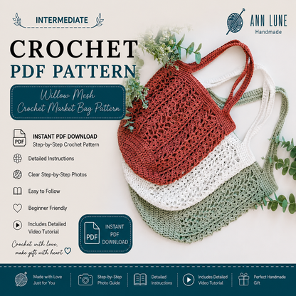 Willow Mesh Crochet Market Bag Pattern PDF | Easy Reusable Tote Bag | Beginner-Friendly Grocery & Beach Bag | 3 Sizes | Instant Digital Download