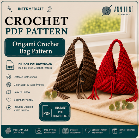 Origami Crochet Bag Pattern PDF, Chunky T-Shirt Yarn Triangle Handbag Tutorial, Step-by-Step Video, Instant Download