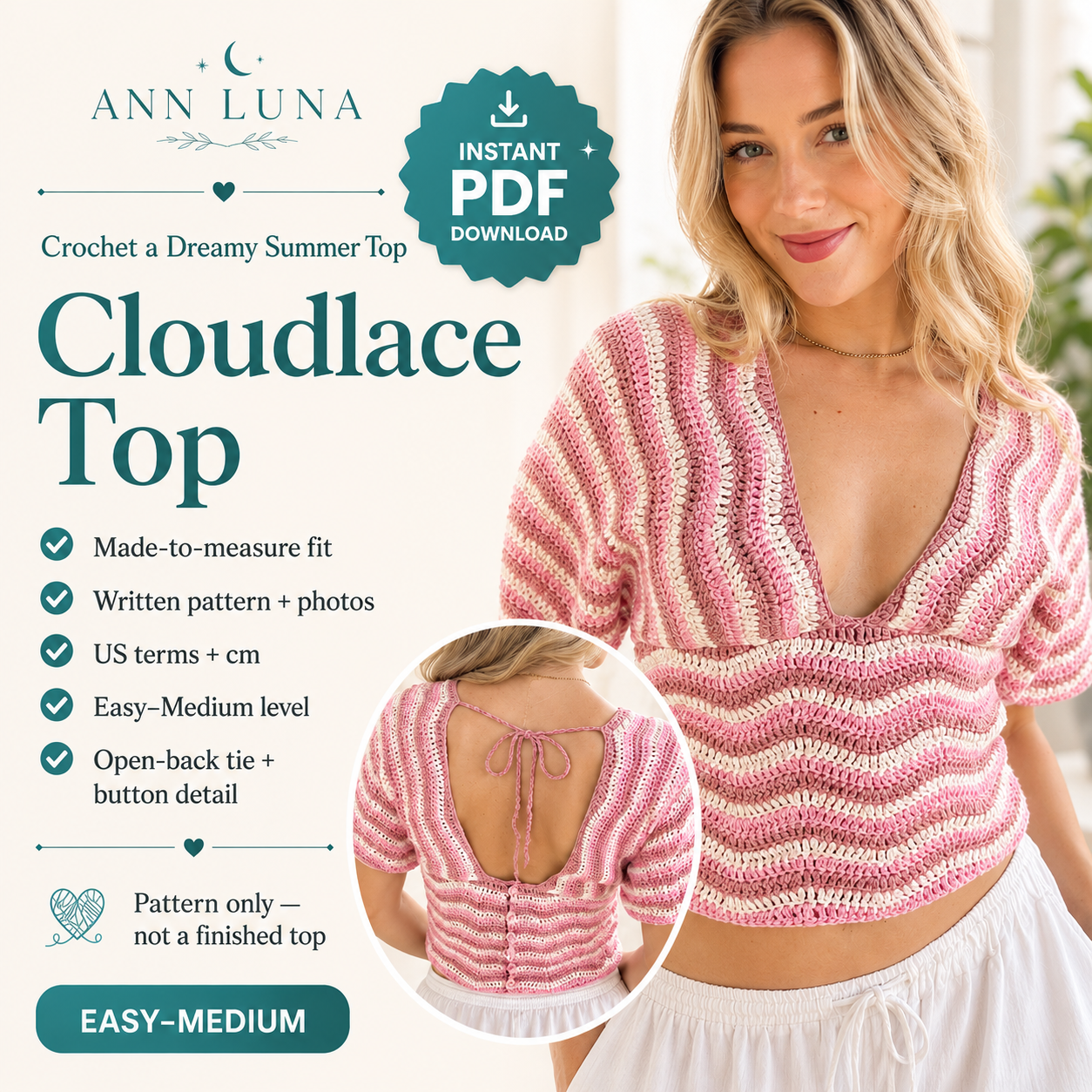 Cloudlace Crochet Top Pattern PDF – Made-to-Measure Summer Crochet Top, Open Back Tie Top, Digital Crochet Pattern-TDS