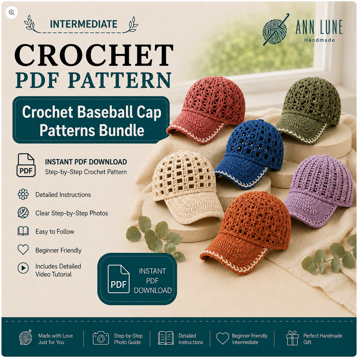 Crochet Baseball Cap Pattern Bundle PDF, 12 Lace Summer Hat Patterns, Mesh Crochet Cap Tutorial, Instant Download