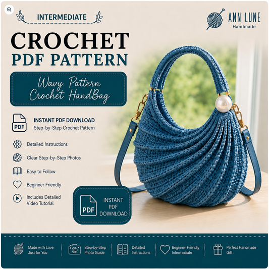 Wavy Crochet Handbag PDF Pattern, Crochet Purse Tutorial with Video, DIY Shoulder Bag Pattern, Step-by-Step Photo Guide, Instant Download