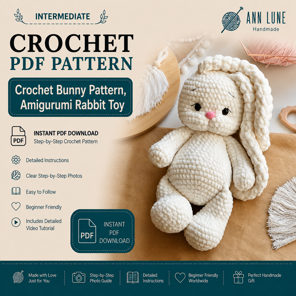 Crochet Bunny Pattern, Amigurumi Rabbit Toy (PDF)