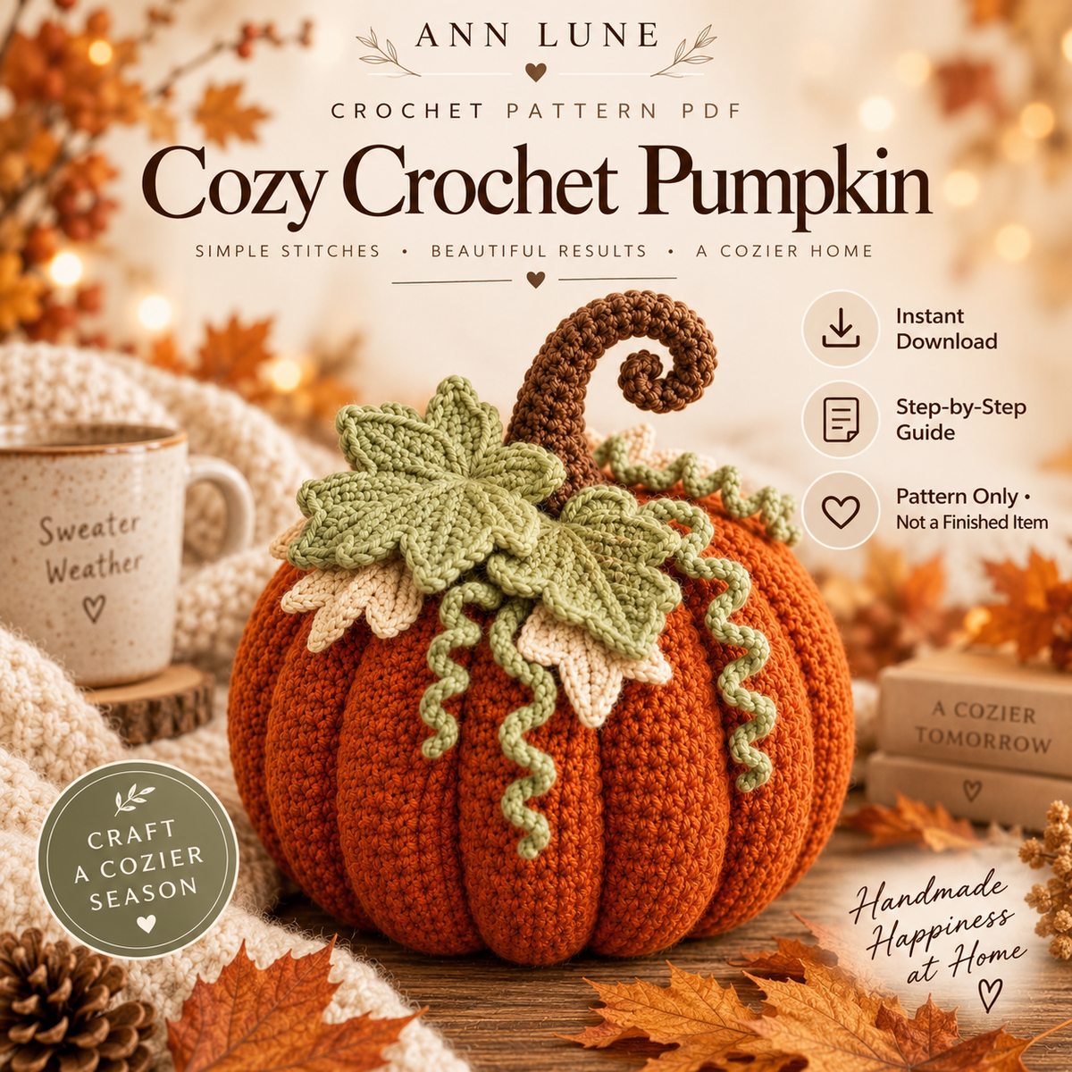Cozy Crochet Pumpkin Pattern PDF – Fall Pumpkin Decor with Leaves & Curly Vines