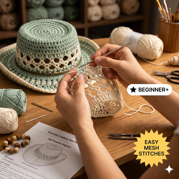 Crochet Cowboy Hat Pattern PDF, Mesh Western Summer Hat Tutorial, Boho Cowgirl Festival Hat, Digital Download