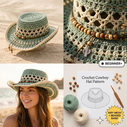 Crochet Cowboy Hat Pattern PDF, Mesh Western Summer Hat Tutorial, Boho Cowgirl Festival Hat, Digital Download