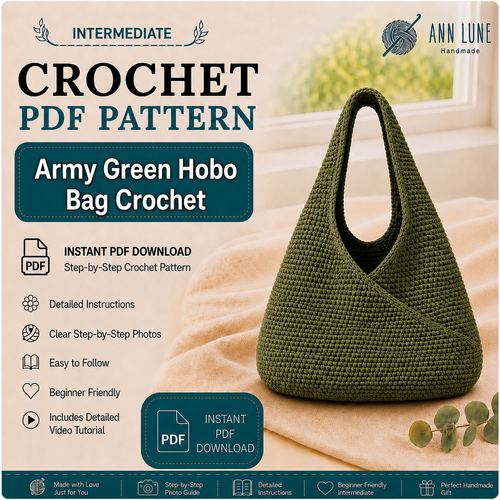 Army Green Hobo Bag Crochet Pattern PDF, Slouchy Shoulder Purse Tutorial, Raffia Yarn Bag, Instant Download