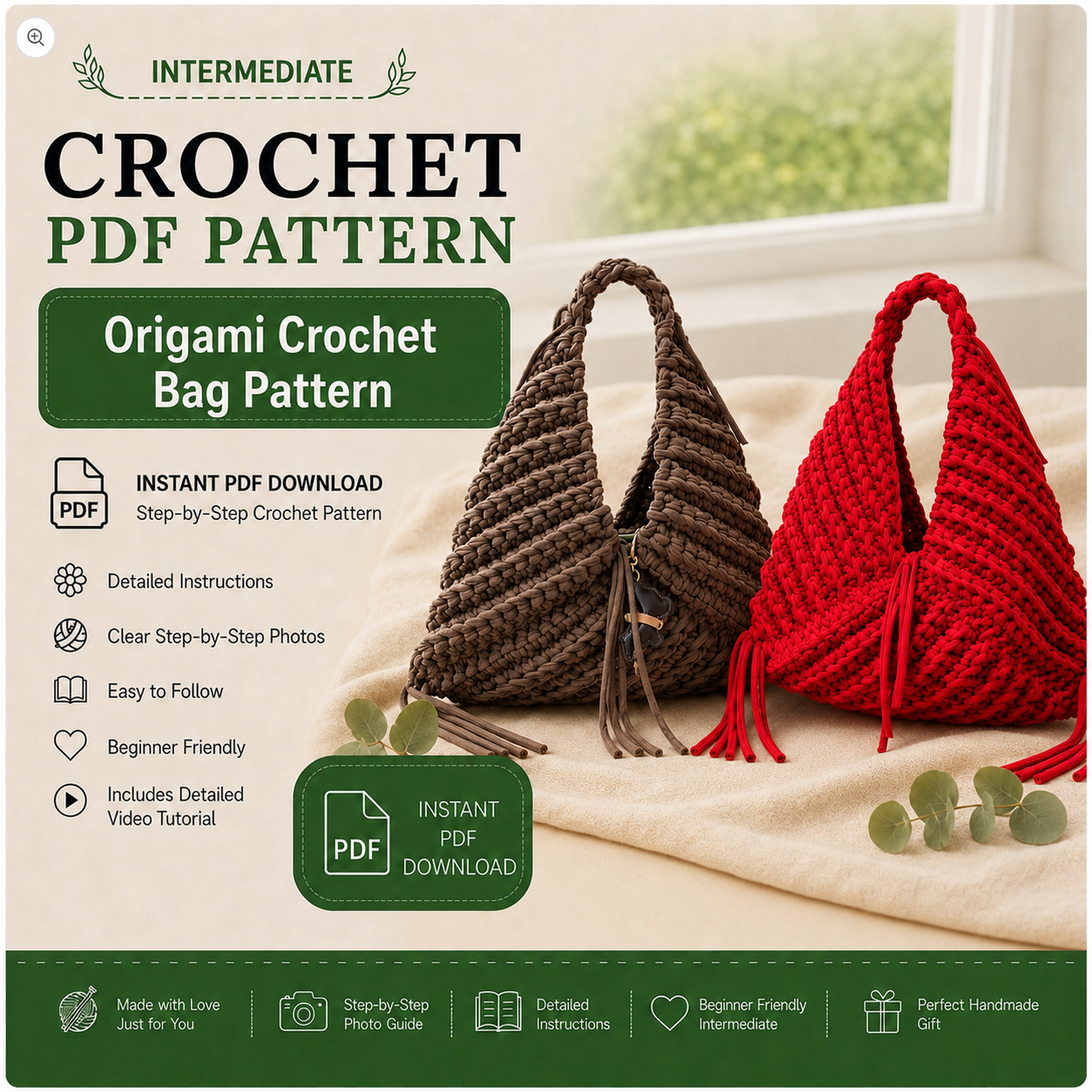 Origami Crochet Bag Pattern PDF, Chunky T-Shirt Yarn Triangle Handbag Tutorial, Step-by-Step Video, Instant Download