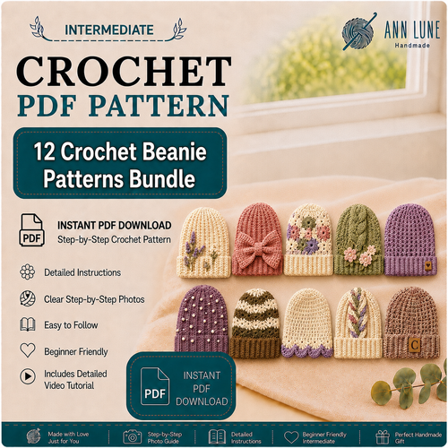 12 Crochet Beanie Patterns Bundle PDF, Modern Winter Hat Tutorials, Chunky, Floral & Ribbed Beanies, Instant Download