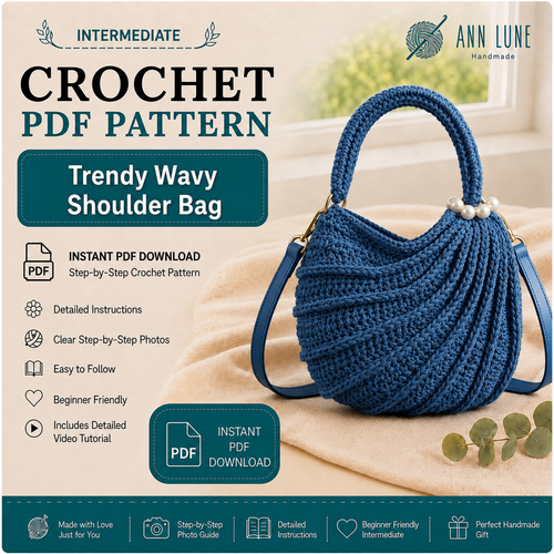 Wavy Hobo Bag Crochet Pattern PDF, Trendy Wave Shoulder Bag Tutorial, Pearl Handle Purse, Instant Digital Download