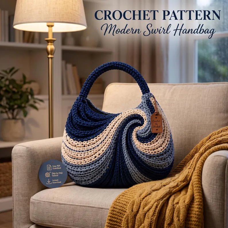 Wavy Hobo Bag Crochet Pattern PDF, Modern Swirl Shoulder Purse Tutorial, Pearl Handle Handbag, Instant Download