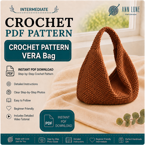 VERA Bag Crochet Pattern PDF, Large Shoulder Bag Tutorial, Zipper or Magnetic Closure, 6 Languages, Instant Download