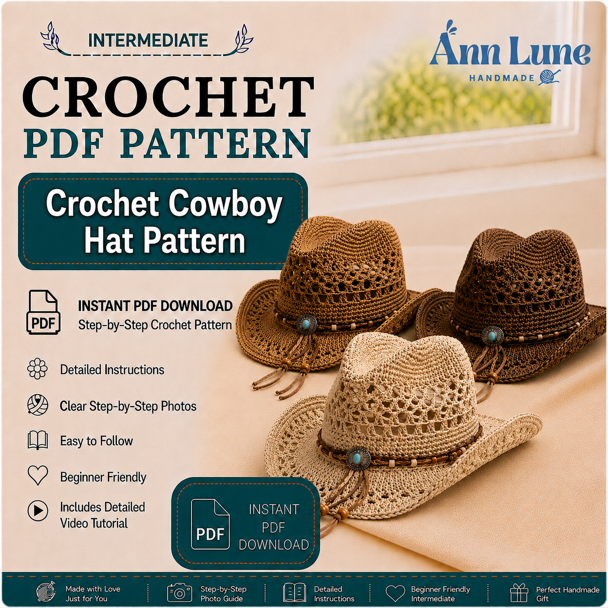 Crochet Cowboy Hat Pattern PDF, Mesh Western Summer Hat Tutorial, Boho Cowgirl Festival Hat, Digital Download