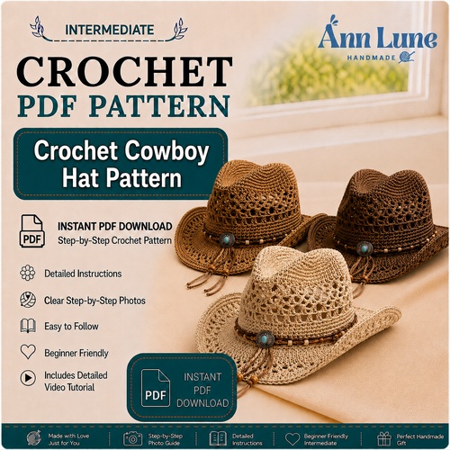 Crochet Cowboy Hat Pattern PDF, Mesh Western Summer Hat Tutorial, Boho Cowgirl Festival Hat, Digital Download