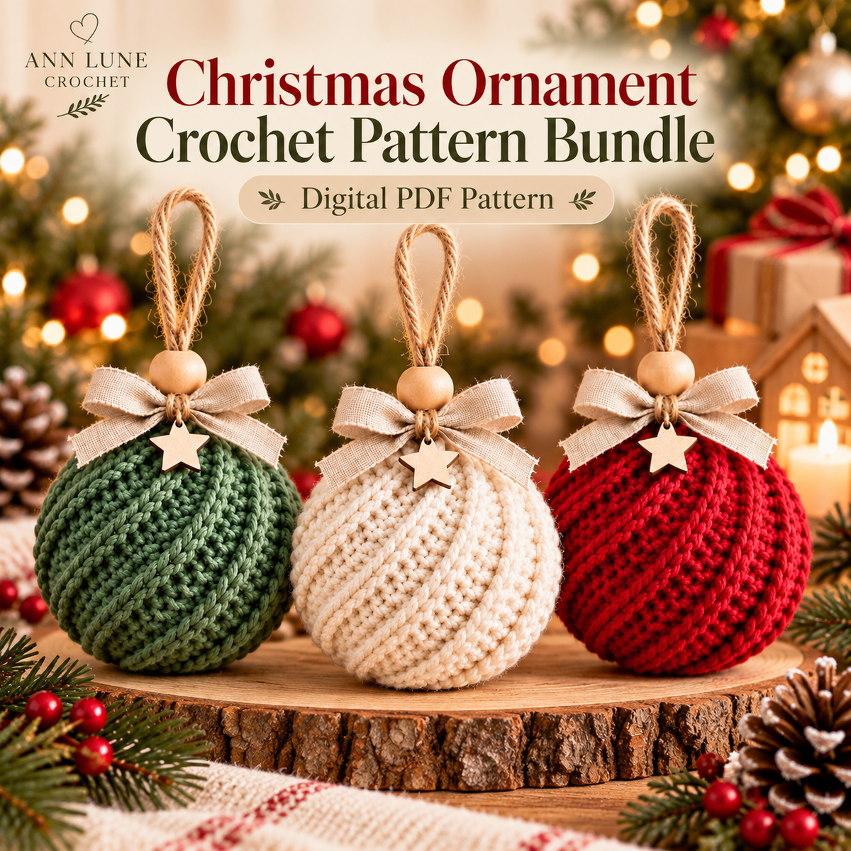 Christmas Ornament Crochet Pattern Bundle – 3 Festive Baubles PDF