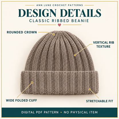 Crochet Beanie Pattern Beginner, Ribbed Hat Crochet Pattern PDF, Easy Winter Beanie DIY, Handmade Gift Crochet Hat, Stretchable Beanie