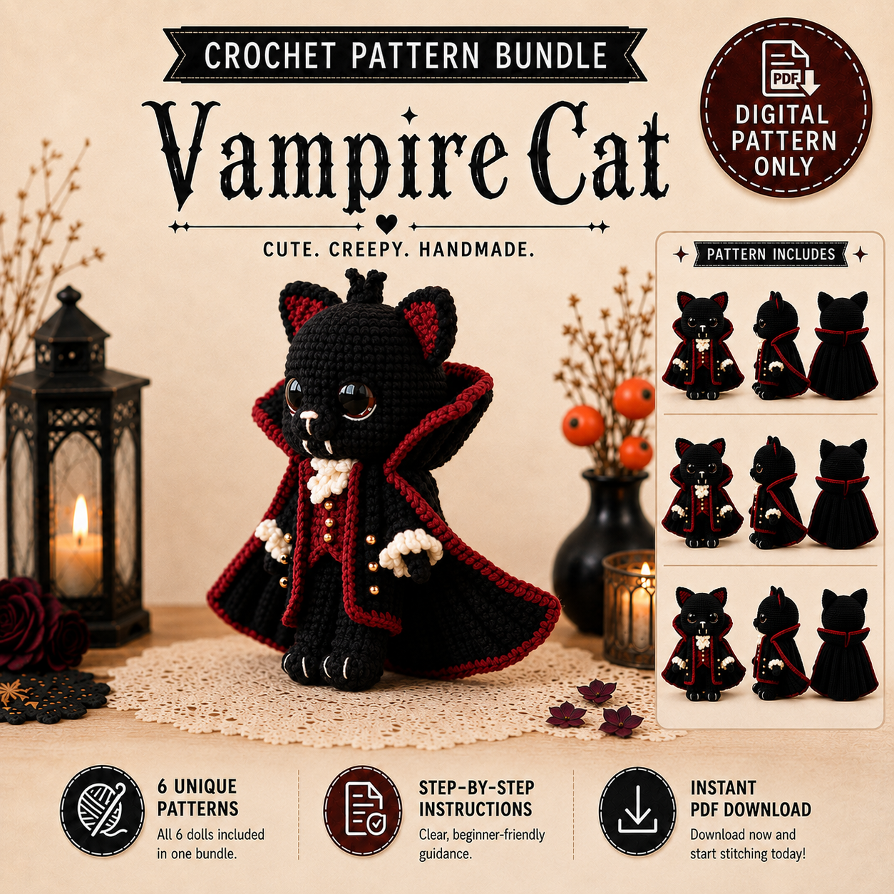 Vampire Cat Crochet Pattern | Halloween Cat Amigurumi PDF | Black Cat Crochet | Gothic Crochet | Dracula Ornament | Fall Decor