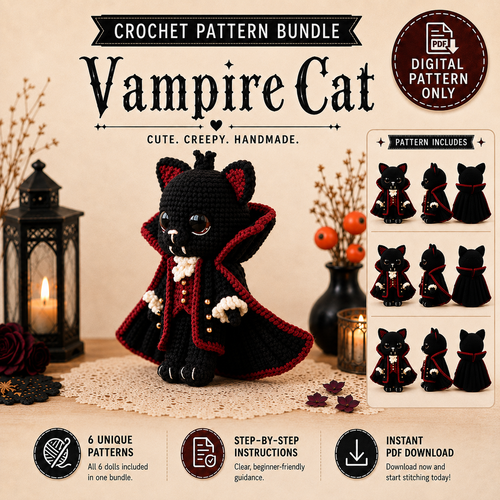 Vampire Cat Crochet Pattern | Halloween Cat Amigurumi PDF | Black Cat Crochet | Gothic Crochet | Dracula Ornament | Fall Decor