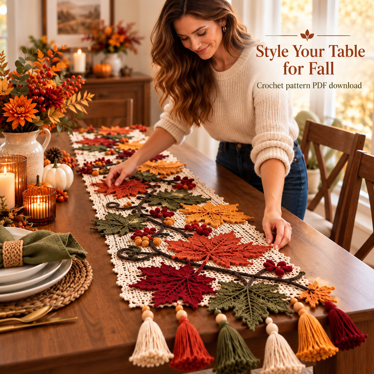 Autumn Maple Leaf Table Runner Crochet Pattern PDF – Fall Home Decor