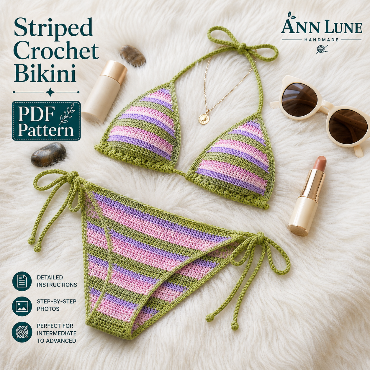 Striped Crochet Bikini Pattern PDF – Triangle Top & Bikini Bottom, Sizes XS–L