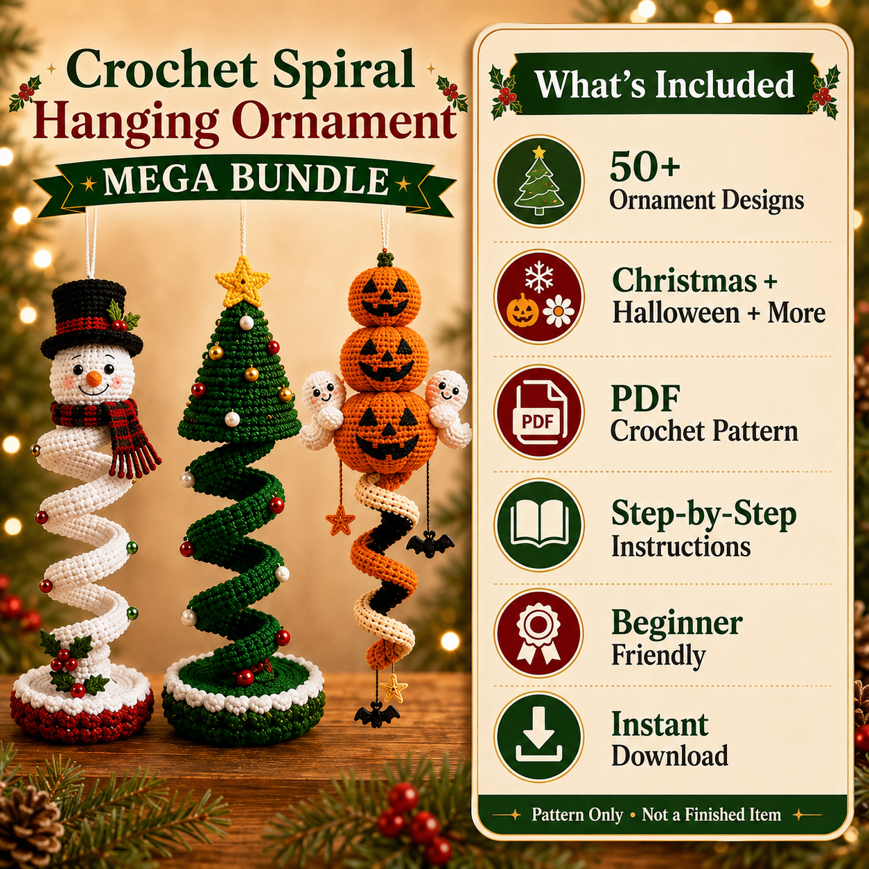 50+ Crochet Spiral Hanging Ornament Patterns PDF – Christmas & Halloween Mega Bundle
