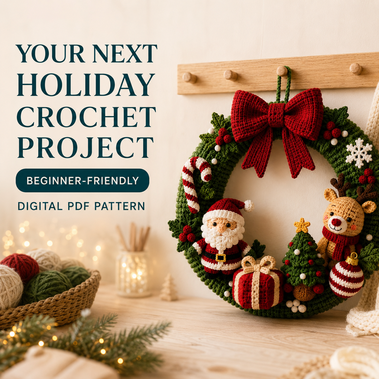 Crochet Christmas Wreath Pattern PDF – Santa, Reindeer & Holiday Decor | Digital Download, Beginner-Friendly Amigurumi Tutorial