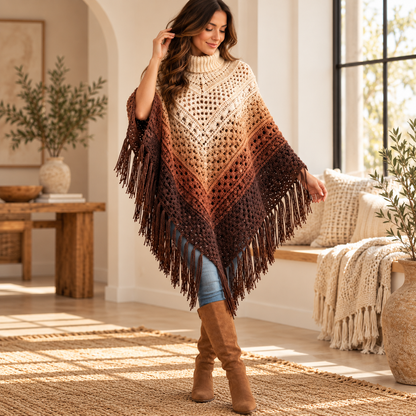 Ombre Fringe Poncho Crochet Pattern – Turtleneck Lace Poncho PDF Pattern