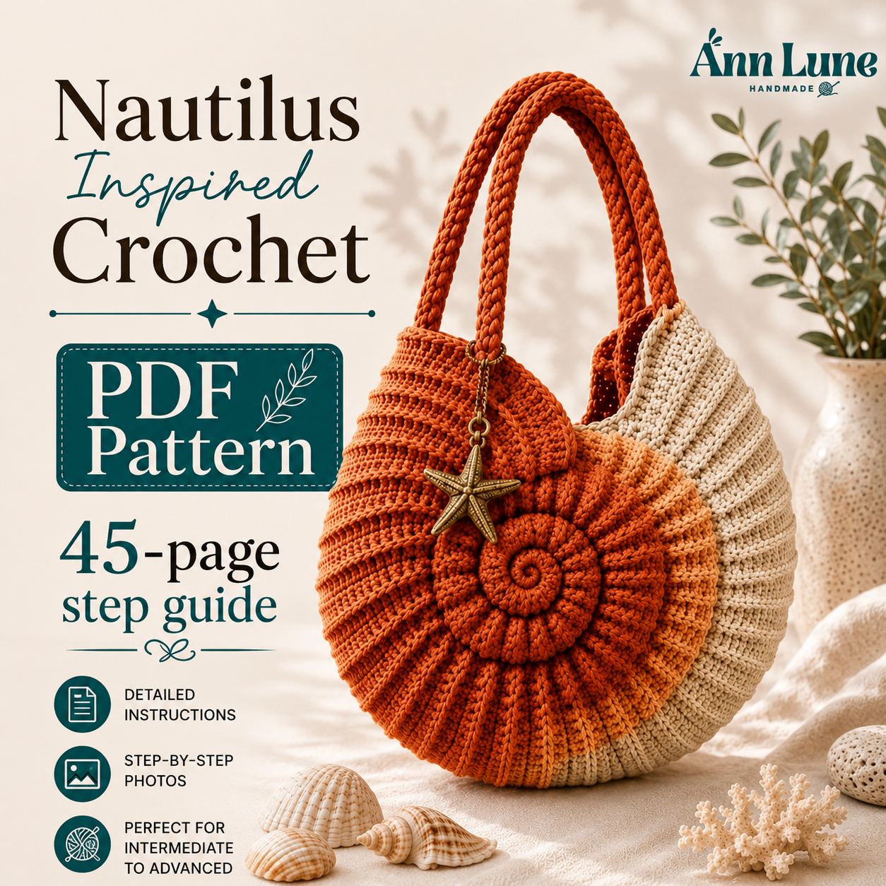 Nautilus Crochet Purse Pattern PDF, Spiral Shell Handbag Tutorial, Coastal Crochet Bag, Instant Download