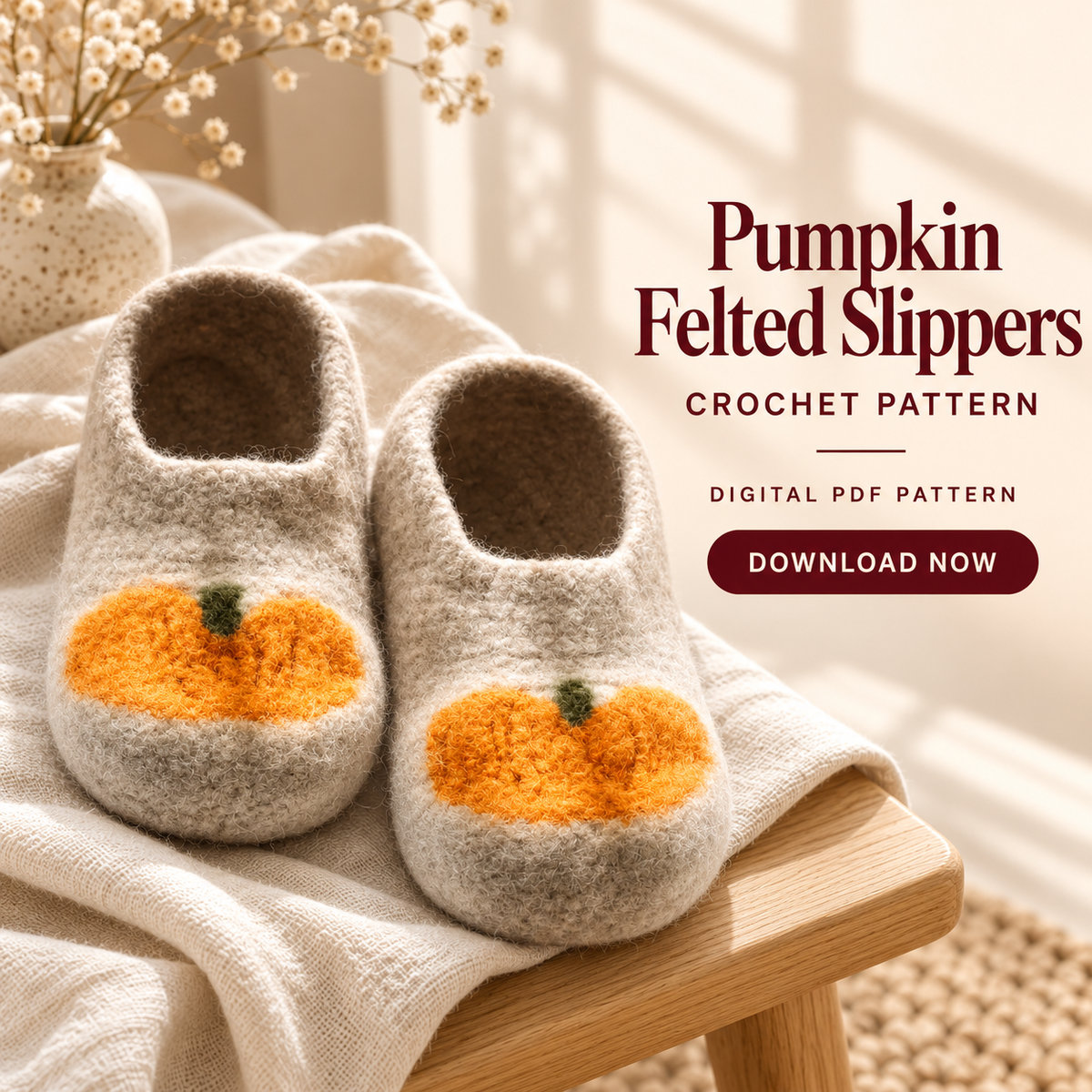 Felted Crochet Slippers Pattern PDF – Pumpkin Halloween Slippers