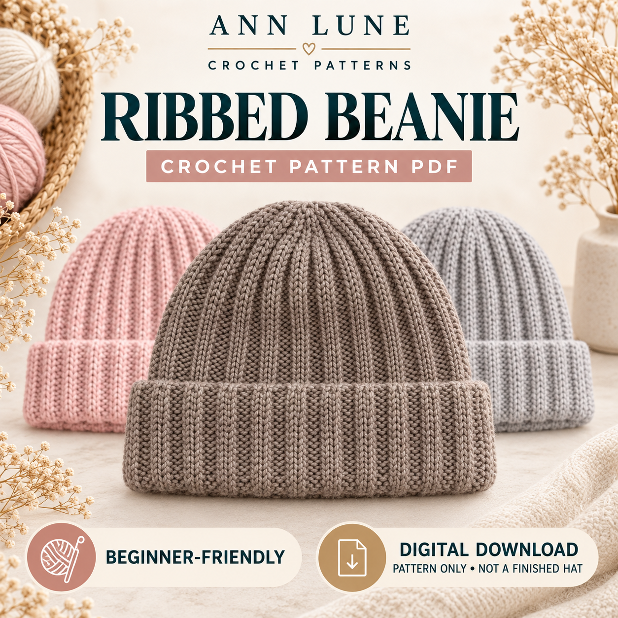 Crochet Beanie Pattern Beginner, Ribbed Hat Crochet Pattern PDF, Easy Winter Beanie DIY, Handmade Gift Crochet Hat, Stretchable Beanie