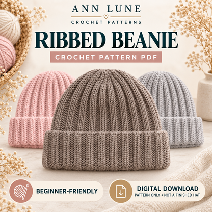 Crochet Beanie Pattern Beginner, Ribbed Hat Crochet Pattern PDF, Easy Winter Beanie DIY, Handmade Gift Crochet Hat, Stretchable Beanie