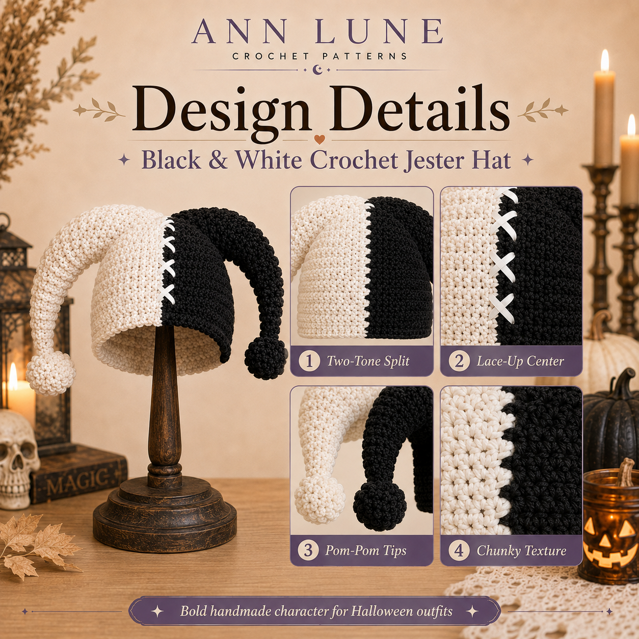 Black & White Jester Hat Crochet Pattern PDF – Halloween Costume Hat, Cosplay Crochet Pattern