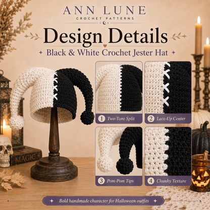 Black & White Jester Hat Crochet Pattern PDF – Halloween Costume Hat, Cosplay Crochet Pattern