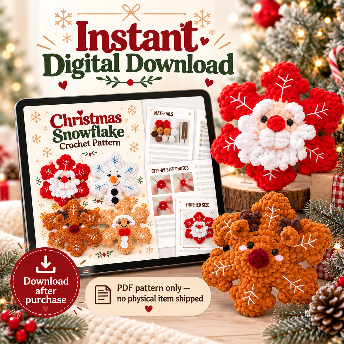 4-in-1 Christmas Snowflake Crochet Pattern Bundle – No-Sew PDF