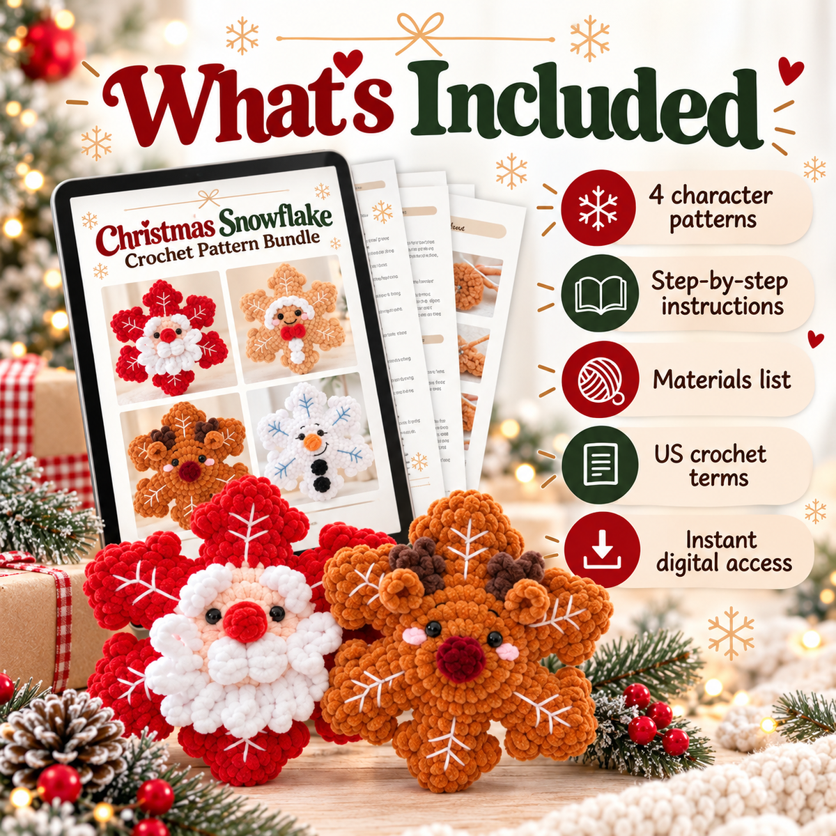 4-in-1 Christmas Snowflake Crochet Pattern Bundle – No-Sew PDF