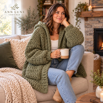 Chunky Hooded Cardigan Crochet Pattern – Oversized Cozy Sweater PDF