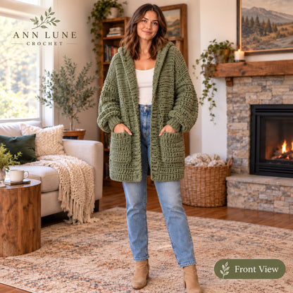 Chunky Hooded Cardigan Crochet Pattern – Oversized Cozy Sweater PDF