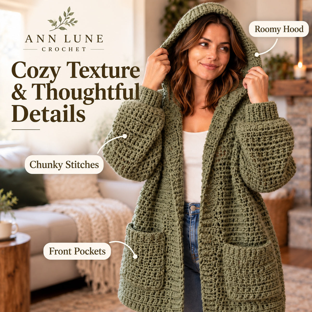 Chunky Hooded Cardigan Crochet Pattern – Oversized Cozy Sweater PDF