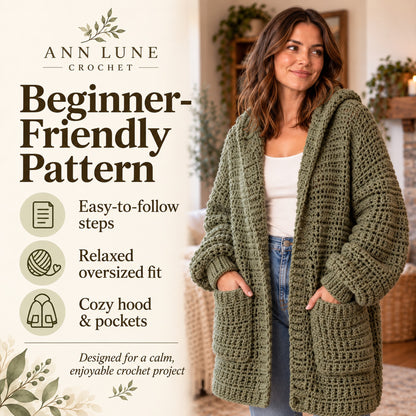 Chunky Hooded Cardigan Crochet Pattern – Oversized Cozy Sweater PDF