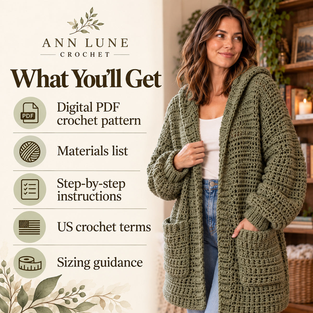 Chunky Hooded Cardigan Crochet Pattern – Oversized Cozy Sweater PDF