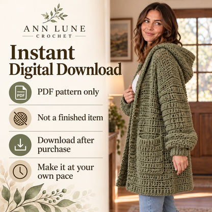 Chunky Hooded Cardigan Crochet Pattern – Oversized Cozy Sweater PDF