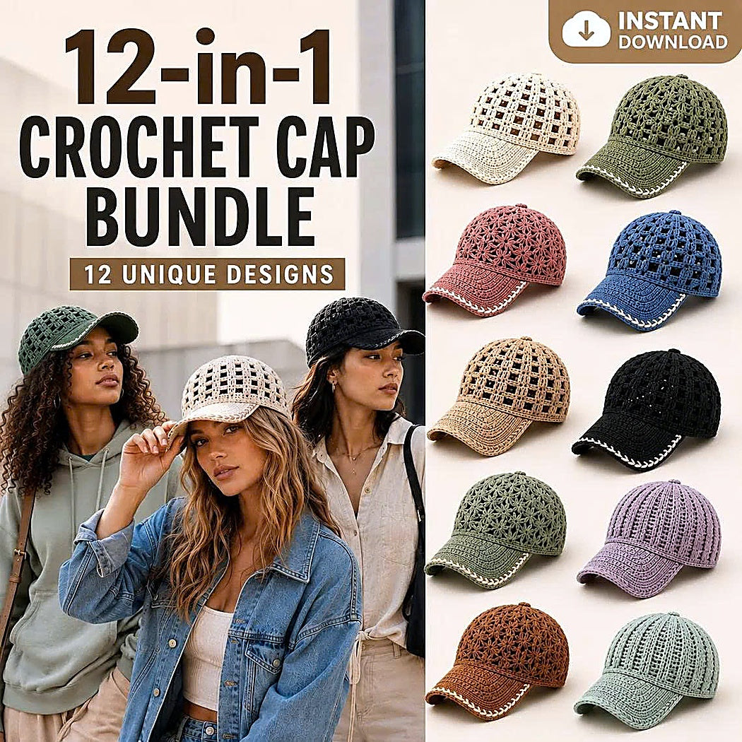 12 Crochet Cap Patterns Bundle | Lace Baseball Hat | Summer Crochet PDF Download|TDS