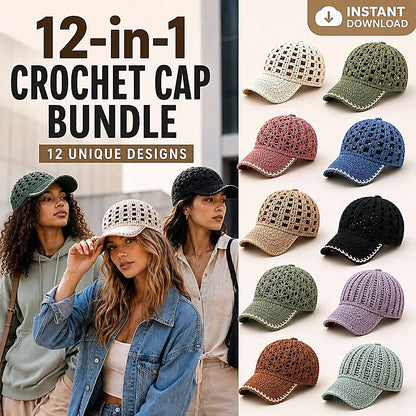 12 Crochet Cap Patterns Bundle | Lace Baseball Hat | Summer Crochet PDF Download|TDS