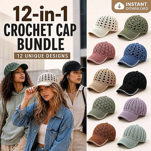 12 Crochet Cap Patterns Bundle | Lace Baseball Hat | Summer Crochet PDF Download|TDS