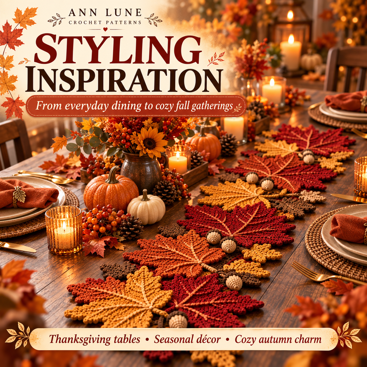 Autumn Maple Leaf & Acorn Table Runner Crochet Pattern PDF – Fall Thanksgiving Decor