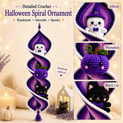 Halloween Crochet Spiral Wind Spinner Pattern PDF, Ghost Pumpkin Cat Amigurumi Spooky Hanging Decor Tutorial