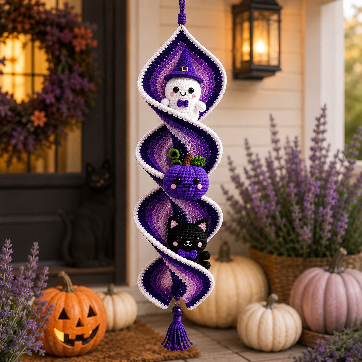 Halloween Crochet Spiral Wind Spinner Pattern PDF, Ghost Pumpkin Cat Amigurumi Spooky Hanging Decor Tutorial